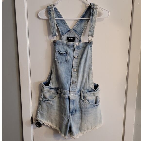 MOSSIMO Super Stretch Denim Overall Shorts Small Blue Cutoff Shortalls Festival - Picture 1 of 10